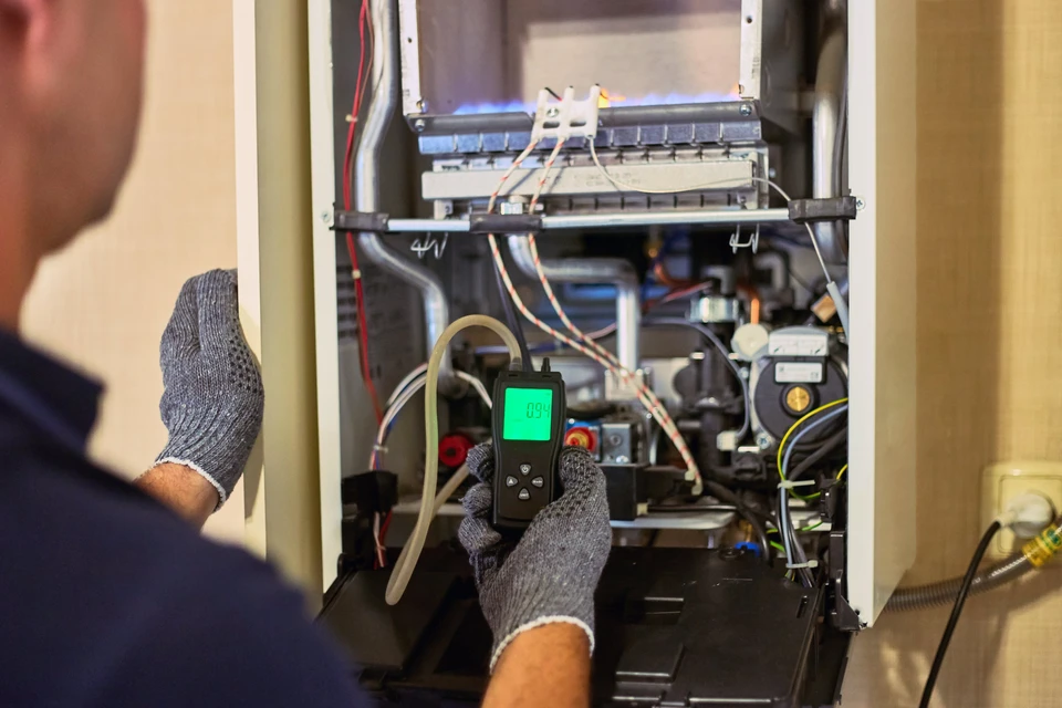 Un technicien en combinaison bleue effectue une maintenance sur une chaudière domestique ouverte, utilisant un appareil de mesure électronique avec écran vert