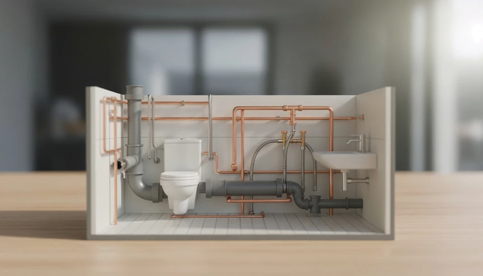 Atelier de plomberie avec outils professionnels disposés sur surface de travail