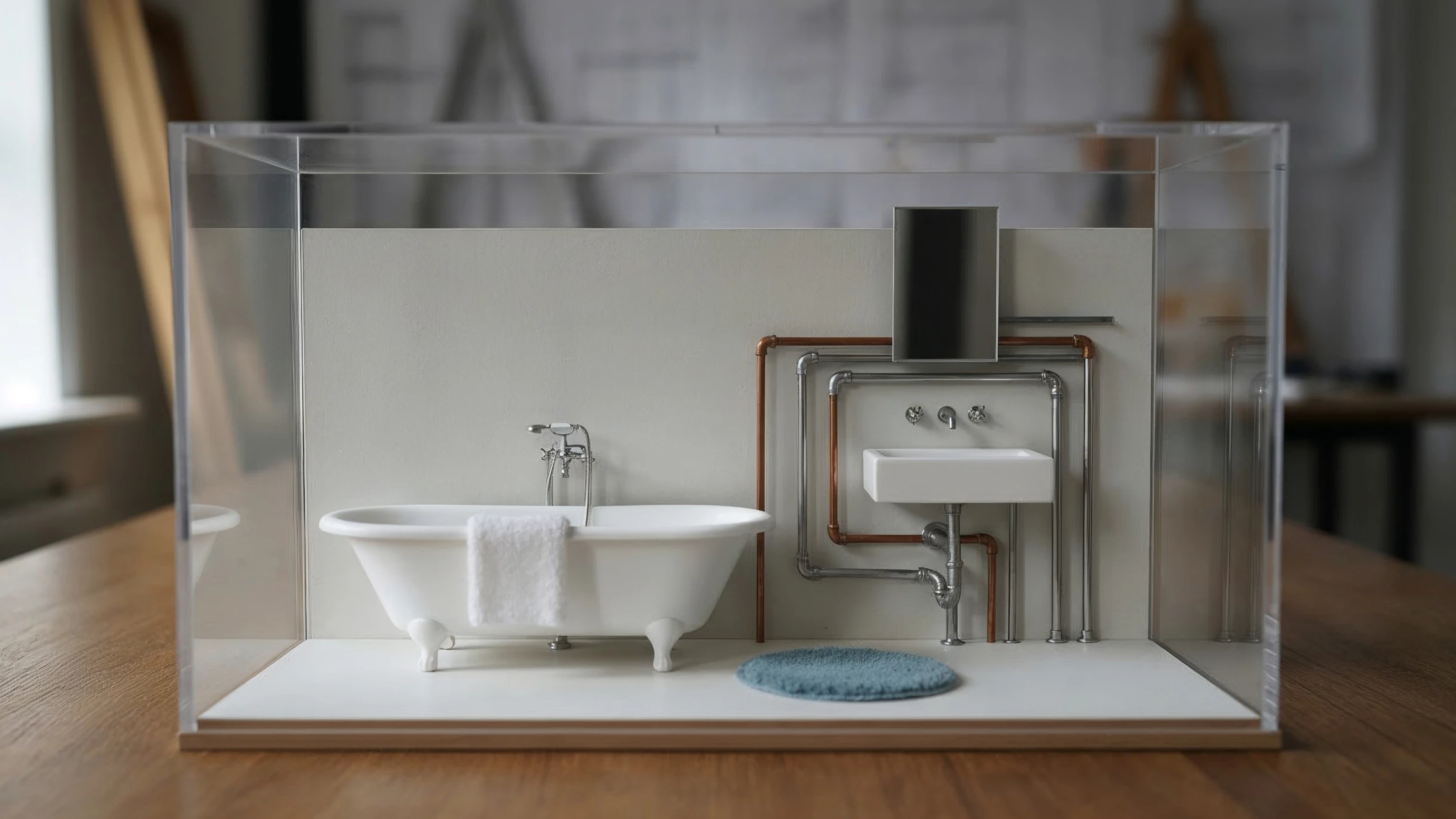 Salle de bain moderne compacte avec douche à l'italienne vitrée, WC suspendu et vasque rectangulaire sur meuble blanc