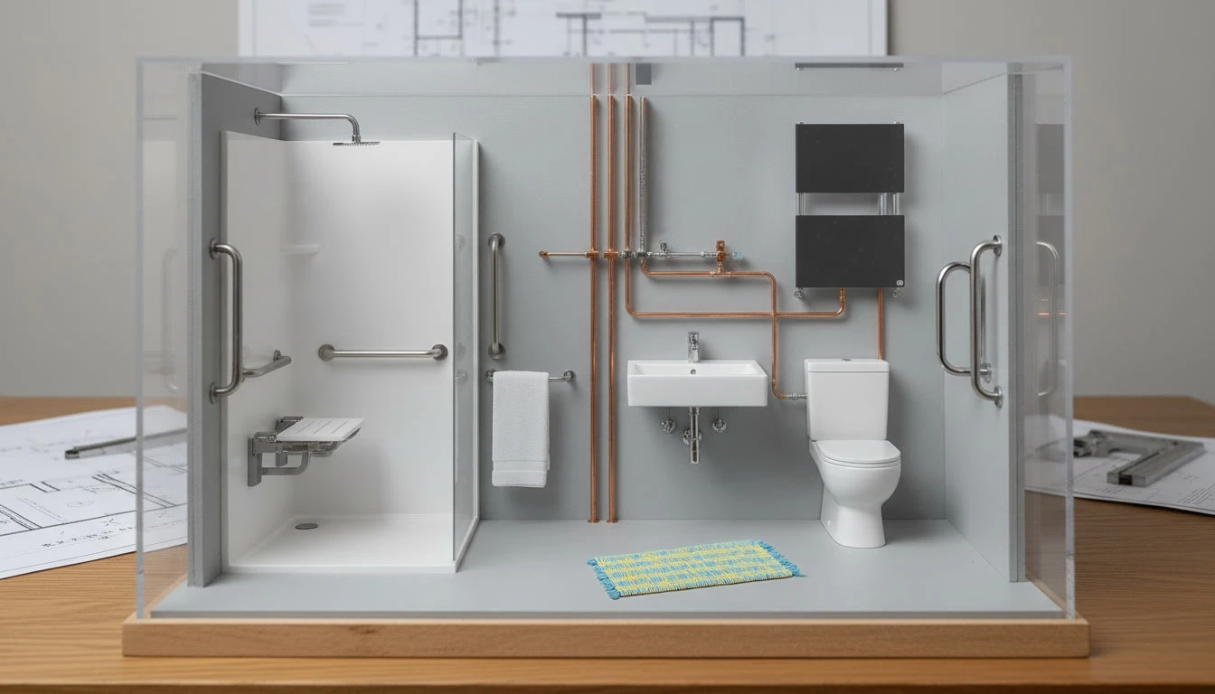 Salle de bain carrelée blanche avec pommeau de douche fixé au mur