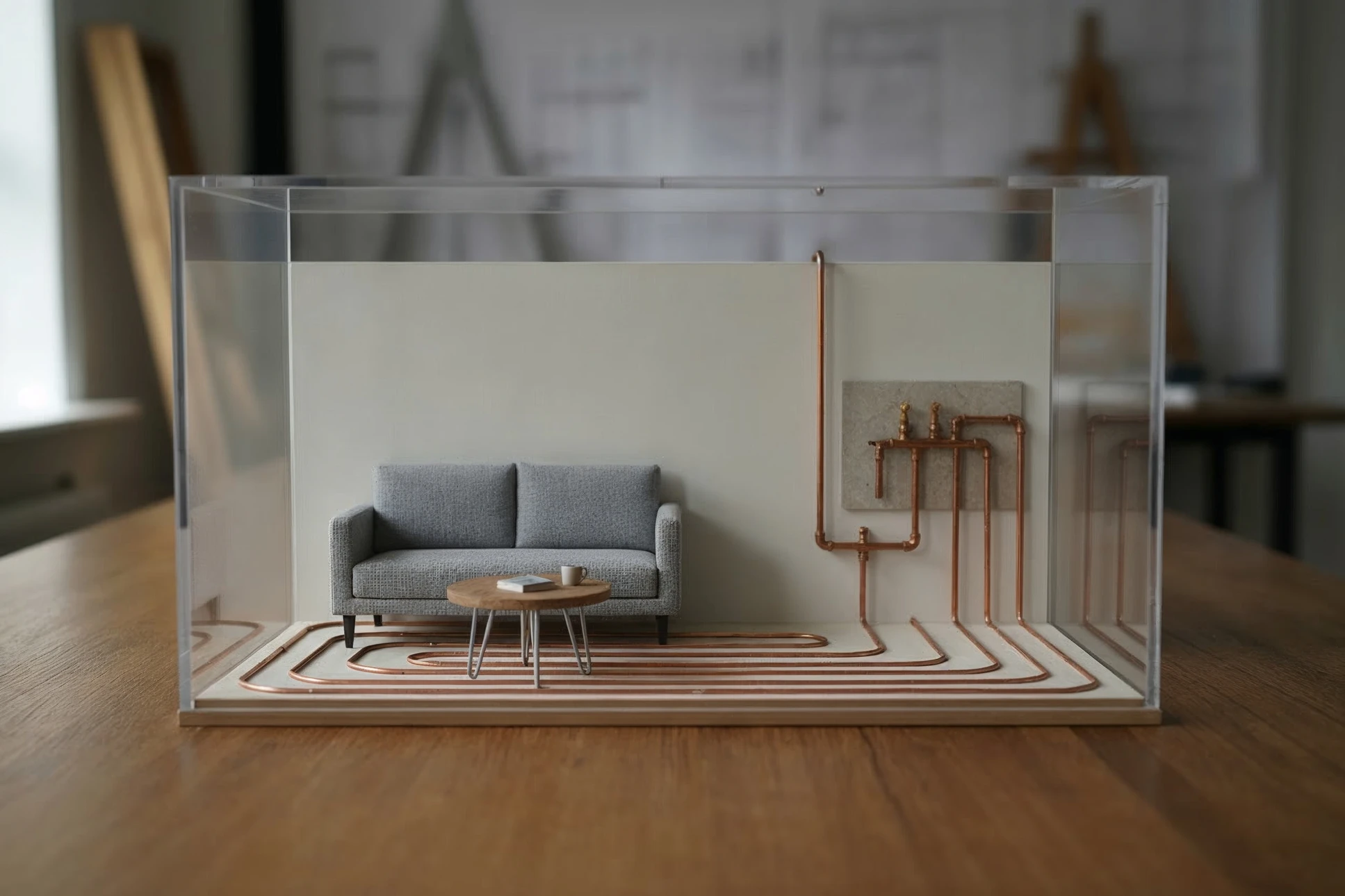 Plombier en combinaison bleue intervenant dans salle de bain moderne, installant ou réparant toilettes WC