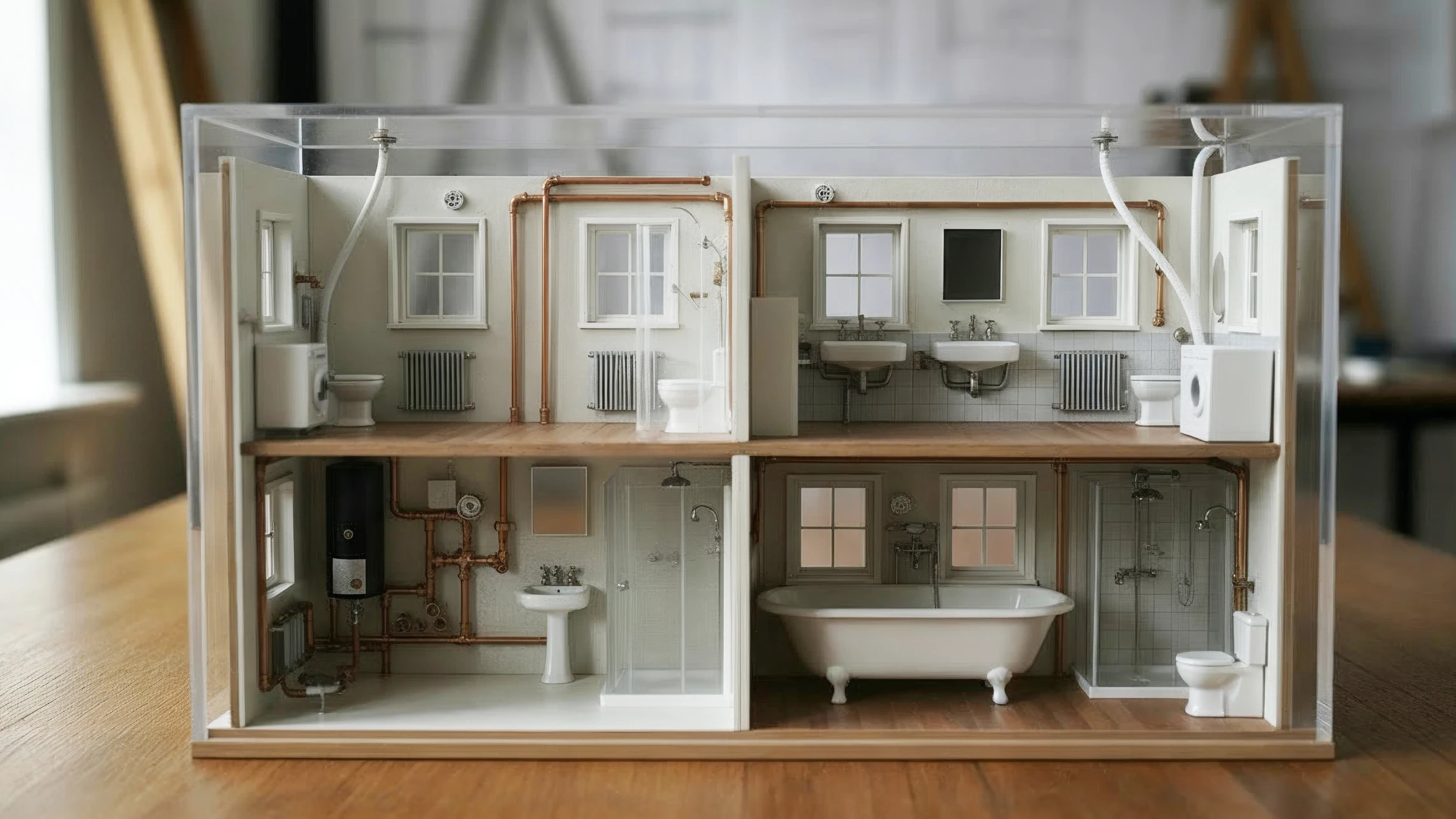 Un technicien en combinaison blanche et casquette installe ou répare un radiateur à eau chaude dans un intérieur résidentiel