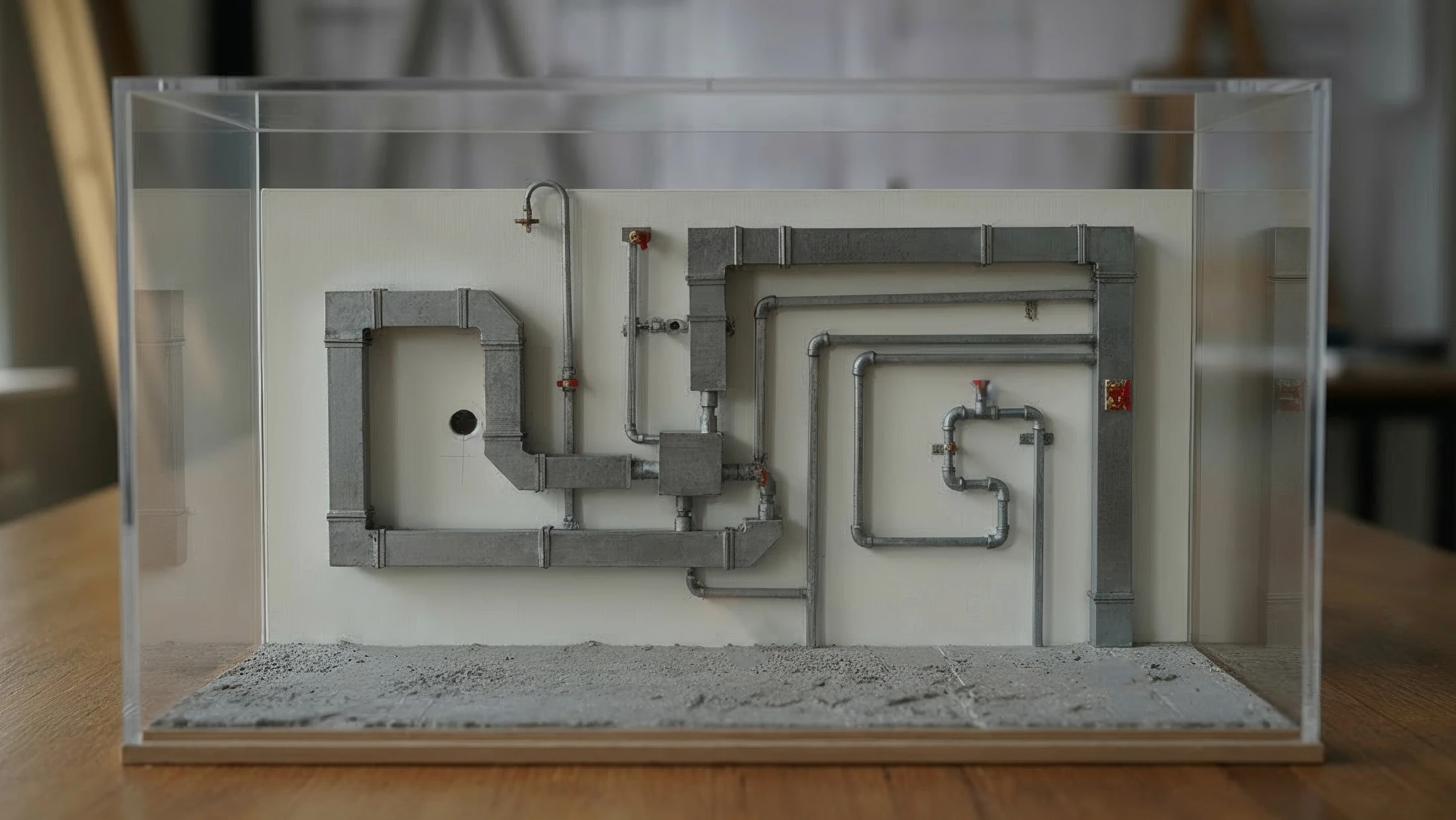 Intérieur atelier, surface blanche avec composants de ventilation disposés