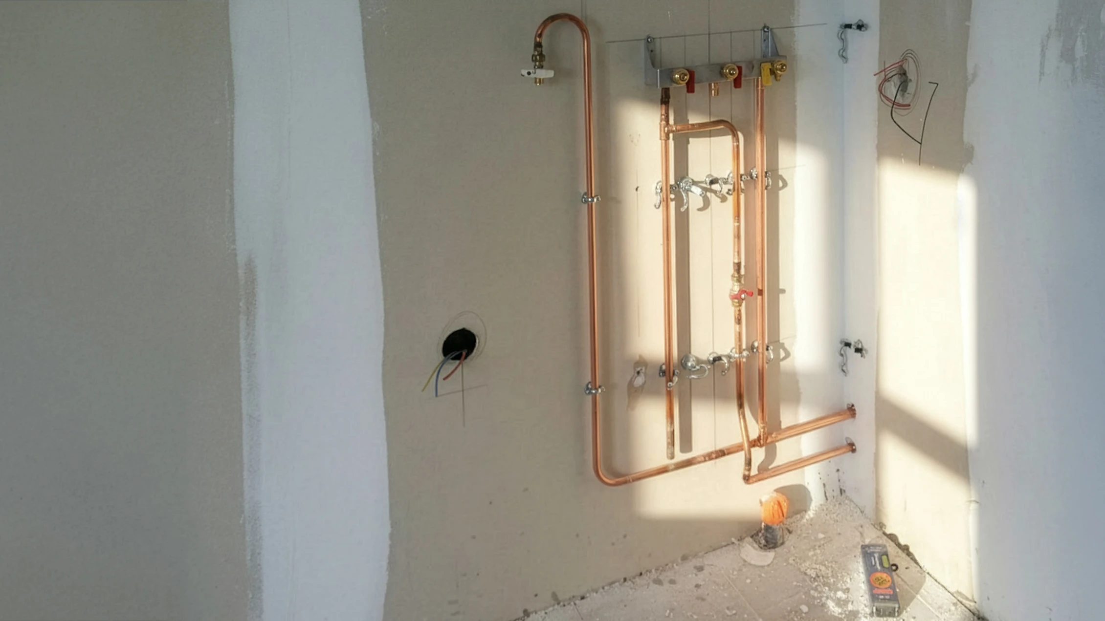 Salle de bain moderne haut de gamme avec douche &agrave; l'italienne vitr&eacute;e, baignoire &icirc;lot en marbre vein&eacute;, double vasque encastr&eacute;e